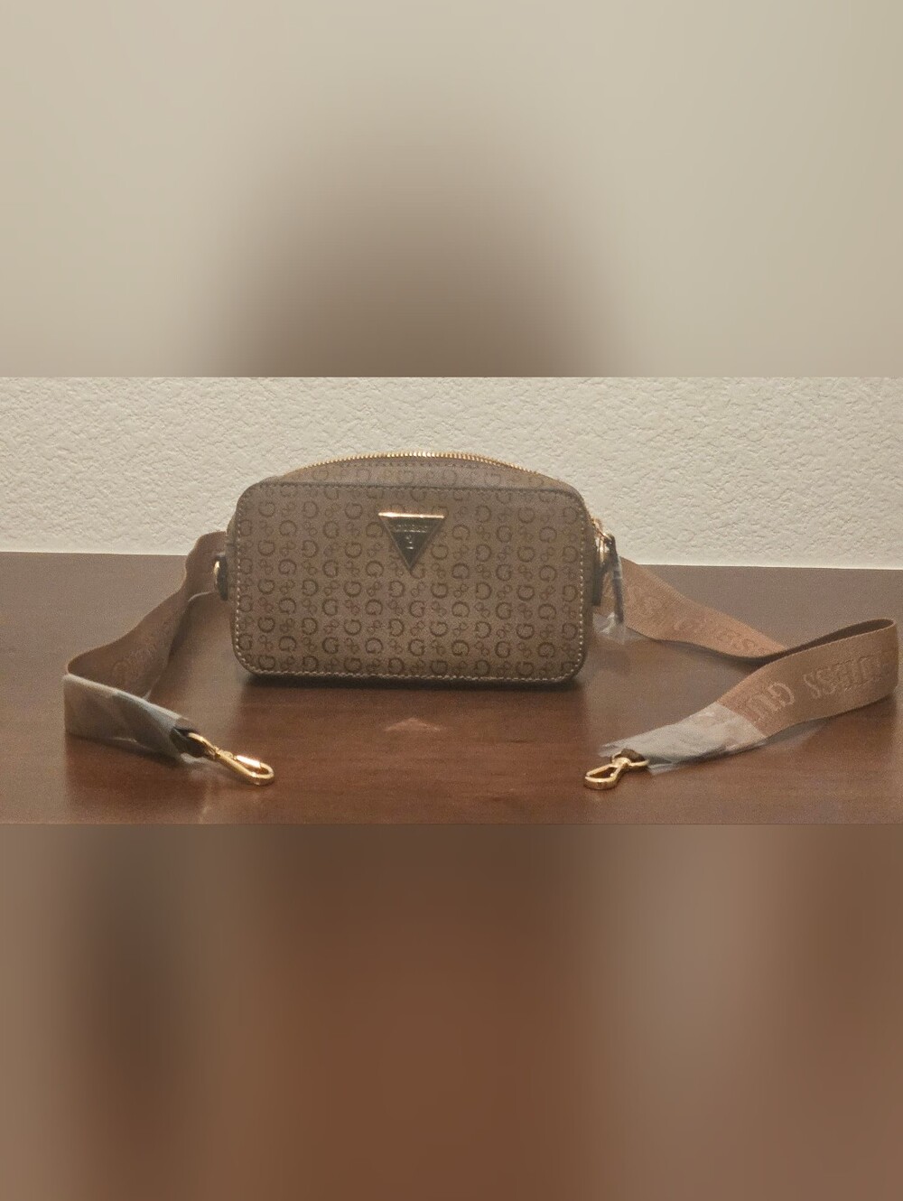 Guess Brown Logo Monogram Crossbody Camera Bag with Wide Strap